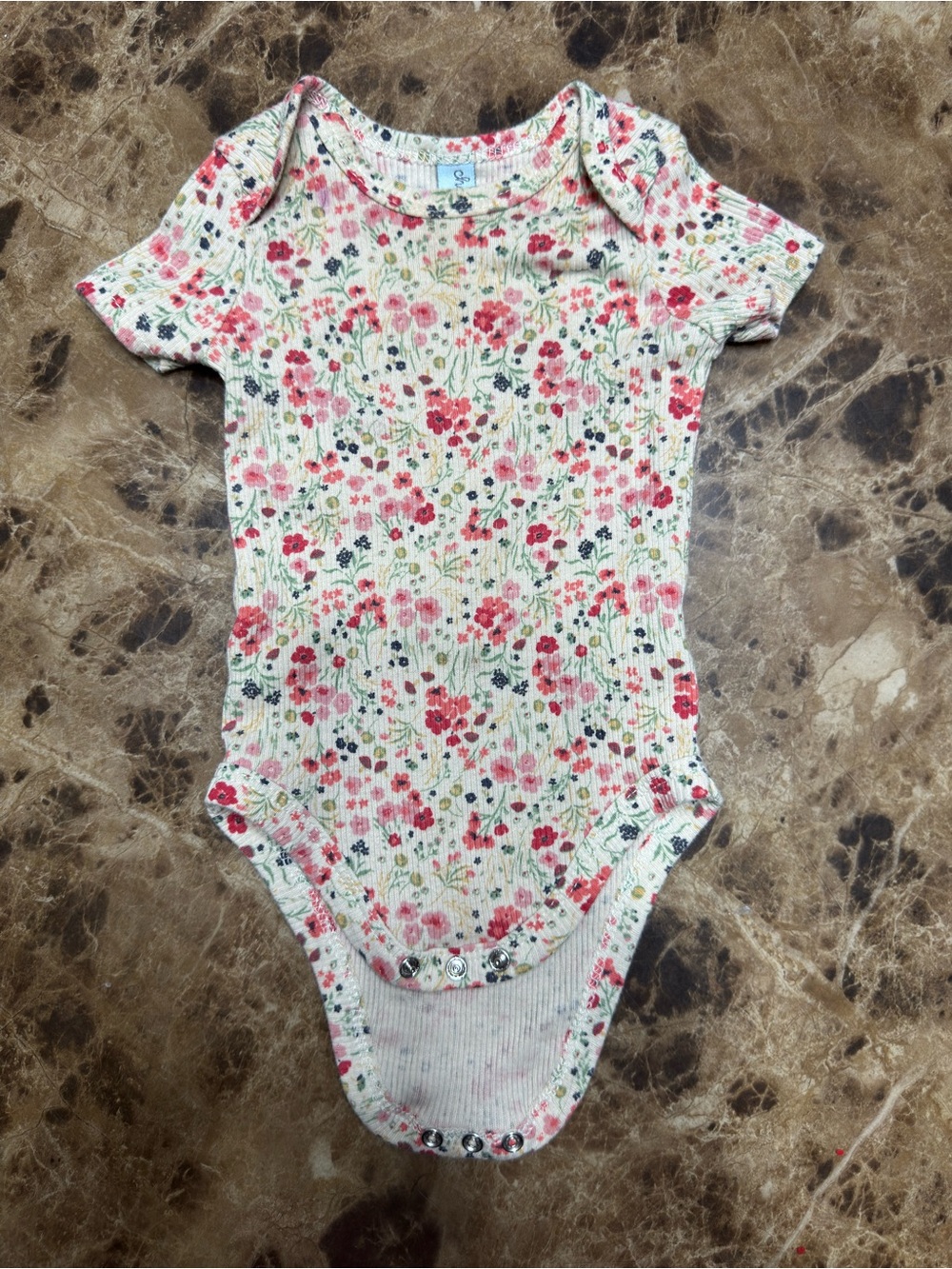 Ribbed Floral Baby One-Piece Bodysuit - Pink on White